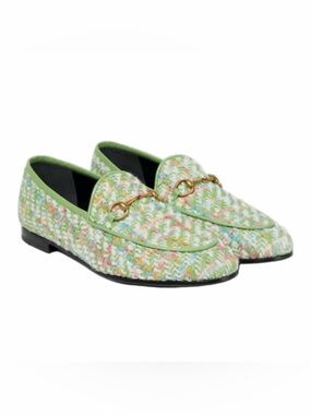 Gucci Women's Pastel Green Tweed Loafers with Gold Bit Accent
